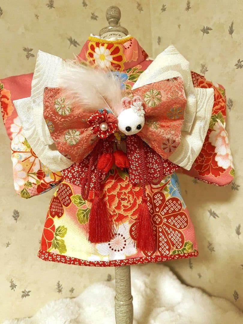 帯飾りを足してお作りし直しました。☆*花柄ピンク着物☆*　犬服　犬服用お着物