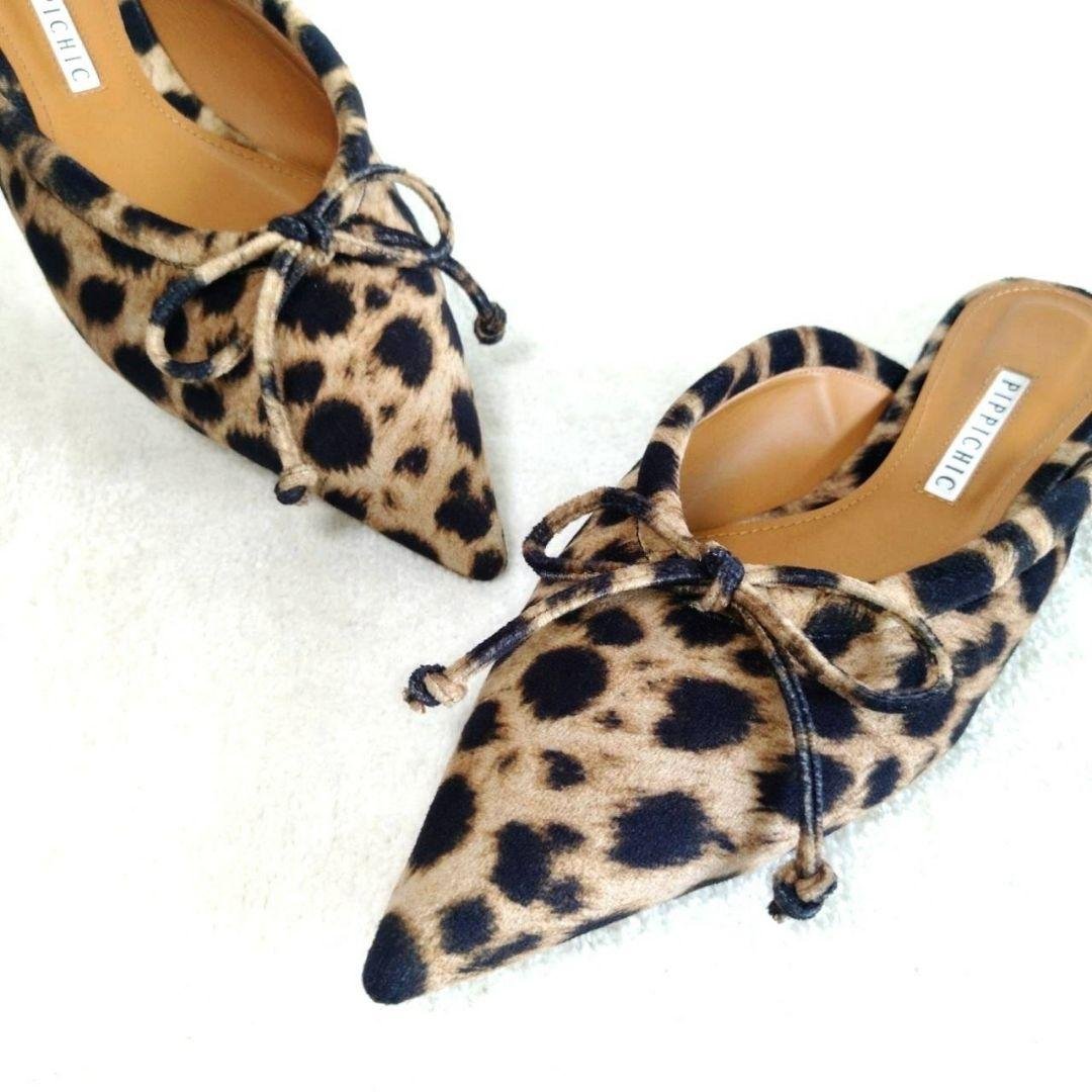 美シルエット！ピッピシック レオパード ヒョウ柄 ポインテッドトゥ ミュール