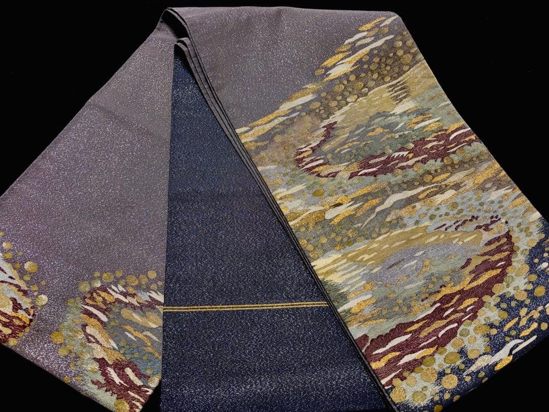 【美品】袋帯 明綴 水面 紫グラデーション キラキラ お太鼓柄