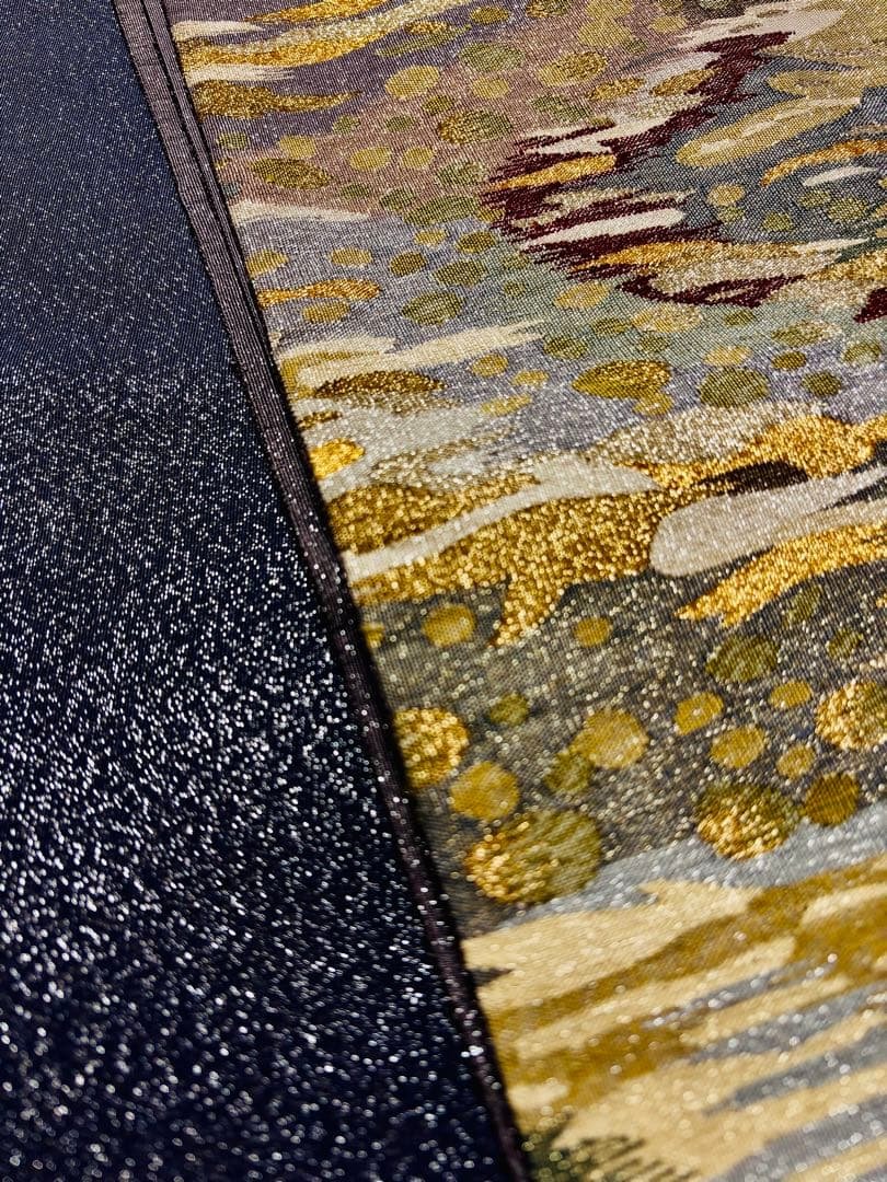 【美品】袋帯 明綴 水面 紫グラデーション キラキラ お太鼓柄