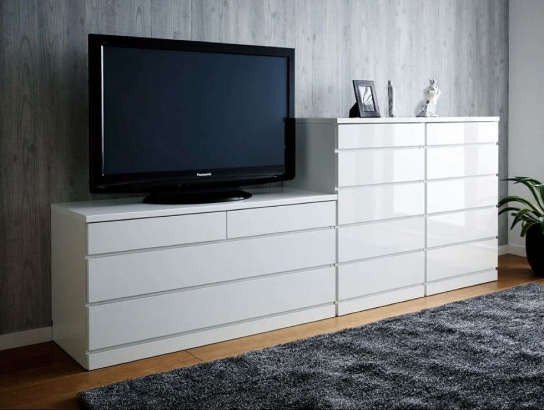 【日本製】ディノス 前面光沢＆引き出し内部化粧チェスト ホワイト　4段