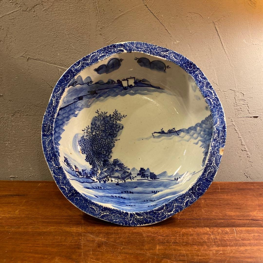 骨董品 大鉢 江戸 明治 蛇目高台 染め付け 印判 皿 時代物 アンティーク