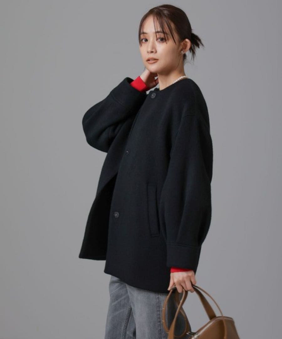 ノーカラーコート コート PECOLAMBウールカシミヤノーカラーミドル丈コート